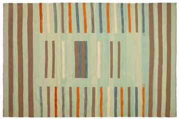 Flat Weave Kilim, Antique, Navaho, Vintage, Handmade, Modern Kilim Blue Rust Hand-Woven Rectangle 100% Wool Area Rug 9 x 12